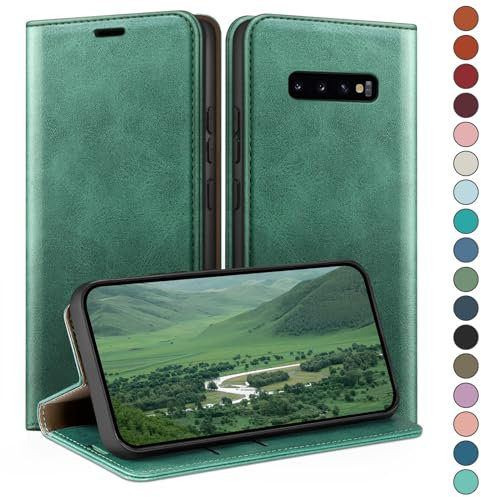 HUOUH für Samsung Galaxy S10 Hülle mit RFID Schutzhülle aus Lederhülle Handyhülle,360 Grad Schutz Case,Kartenfach Leder ständer Handy hülle für Samsung S10 Klapphülle Wallet Cover Hellgrün