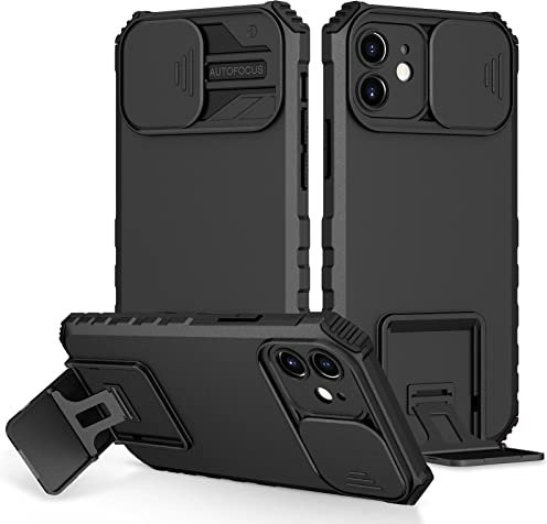 Draamvol for iPhone 12 Case with Slide Camera Cover Shockproof Kickstand Military Grade Lens Protection Soft TPU Bumper Hard PC Back Case for iPhone 12 Phone Case, Black