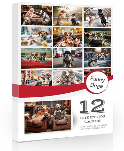 Lustige Hunde-Grußkarten, 12 Stück, ideal für Geburtstags- und Dankeskarten, Blanko-Notizkarten mit Umschlägen, entworfen und gedruckt in Großbritannien