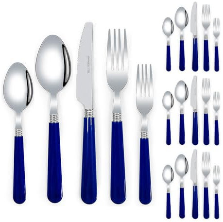 Thickened Plastic Handle Kitchen Stainless Steel Silverware Tableware Flatware Cutlery Set Steak Knife Fork Spoon Teaspoon (Blue,20 Pieces)