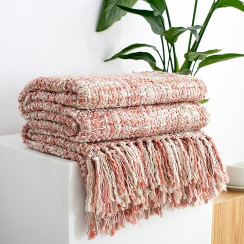 GINAMUSE Multi-Color Light Pink Cable Knitted Throw Blanket for Couch,50X60 Boho Style Textured Blankets for Home Decor,Super Soft Warm Cozy Chunky Knit Blanket with Decorative Tassels for Bed