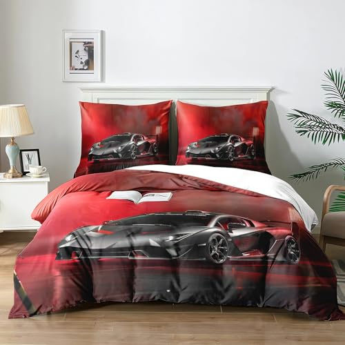 Yzehomijia Rennwagen Bettwäsche Set für Jungen 200x200 cm - Cooles Extremsport Design aus weicher Mikrofaser mit 2 Kopfkissen 65×65cm (P1×200