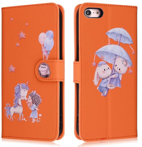 Jeffene Phone Case for iPhone SE 2022/SE 2020/7/8 (4.7 inch),PU Leather Flip Protective Case,Cute Unicorn Wallet Case Cover with [Card Holder][Kickstand][Magnetic Snap][TPU Inner Shell],Orange