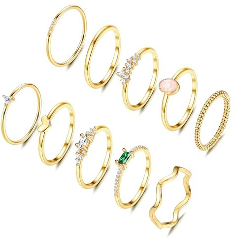 ORAZIO 10 Stück Gold Ringe Frauen 14 Karat Vergoldete Ring Damen Goldene Ringe Set Goldring Damen Stapelbare Fingerring mit Opal Zirkonia Daumenringe Damenring Wasserfest Gold Ring Schmuck für Damen