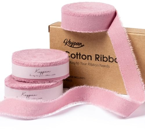 Keypan Geschenkband & Schleifenband in Rosa, 1,5cm x 19m Baumwollband mit Fransen, Stoffband für Baby Shower & Taufe Deko, 3 Rollen