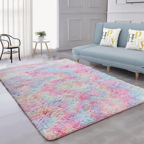 Shaggy Hochflor Teppich, Wohnzimmer Carpet - Anti-Rutsch Unterseite Soft Area Rug Fellteppich, für Küche oder Kinderzimmer, Schlafzimmer, Bettvorleger Flur Bodenmatte Regenbogenfarben (200 * 300cm)
