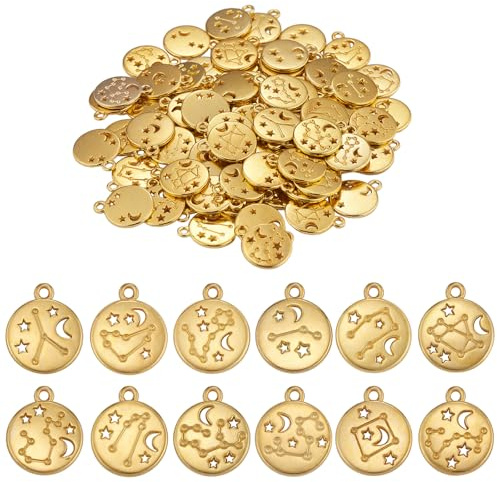 LEGENTLISUR 24-84 Stück 12 Sternzeichen Anhänger Flach Rund Legierung Gold Anhänger Charms Zur Schmuckherstellung Armbänder Halsketten DIY Astrologische Anhänger