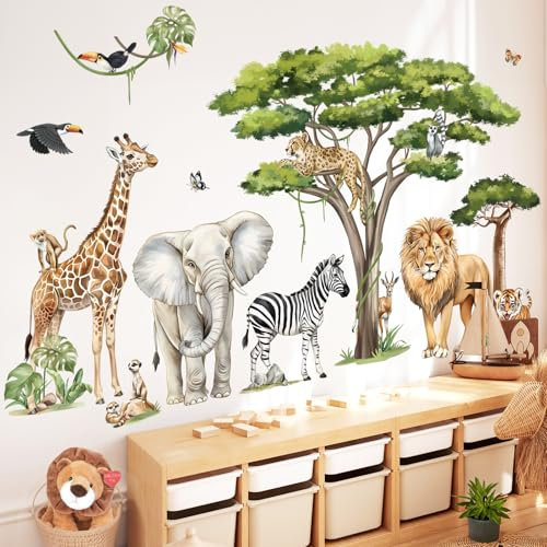 decalmile Wandsticker Safari Tiere Baum XXL Wandtattoo Dschungel Tiere Elefant Löwe Giraffe Leopard Wandaufkleber Kinderzimmer Babyzimmer Schlafzimmer Wanddeko