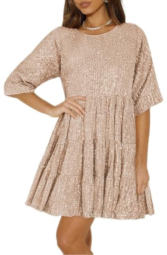 Awlsyj Robe de soirée à paillettes pour femme - Style années 80 - Robe de mariée - Robe de demoiselle d'honneur - Robe de cocktail ample et décontractée - Jupe courte, rose gold, XXL