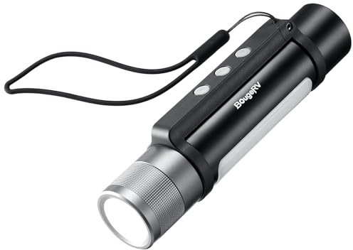 BougeRV 1000 Lumen LED Aufladbare Taschenlampe mit Zoom-Fokus (40-240m), Fresnel-Linse, Duale Seitenlichter, Magnetische Basis, Integrierte Powerbank, SOS, Tragegriff, für Camping Wandern Notfälle