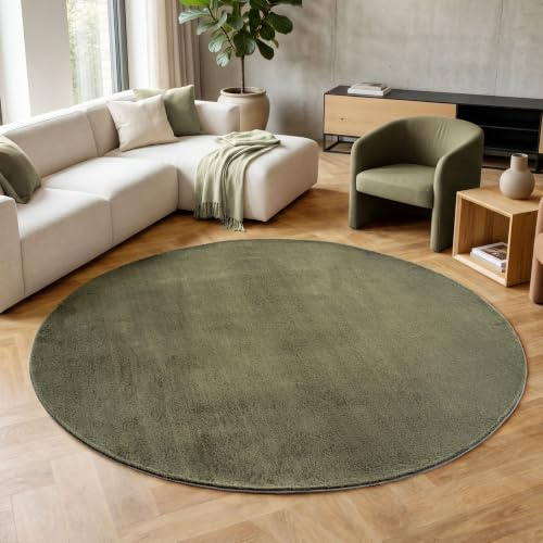 HomebyHome Runder Teppich Grün 200 cm Waschbarer Kurzflor Teppich, rund, rutschfest & weich, modernes einfarbiges Design für Wohnzimmer, Schlafzimmer, Küche & Kinderzimmer.