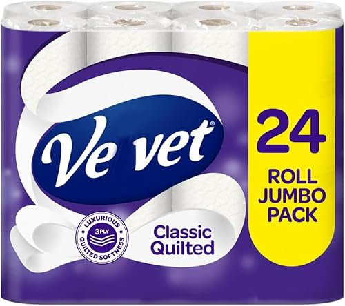 Velvat Classic Quilted Toilet Tissue 24 Rolls - Luxuriously Soft, Strong and Absorbent Toilet Roll - Jumbo Bulk Pack 24 Rolls