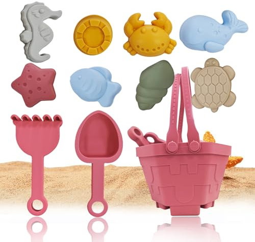 CHSEEO Jeux de Plage, Plage Bebe en Silicone, Jouet de Plage Enfant, 11 Pièces avec Seau Plage Pliant, Modèle Animal, pour Bac a Sable Intérieur Extérieur Jouets de Jardin