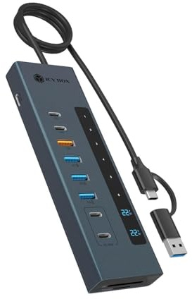 ICY BOX 11-in-1 Hub mit PD Ports und Kartenleser IB-HUB1742CR-C2PD | Integrierte PD-Ladeports und KartenleserUSB 3.2 Gen 2 mit 10 Gbps ÜbertragungVielseitige Anschlusserweiterung an einem Hub
