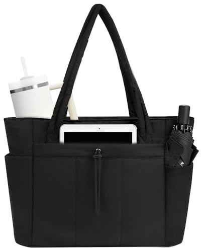 Gobesty Tote Bags for Women, Large Capacity Work Bag with Pockets, Waterproof Tote Bag with Zip, Laptop Bags for Women with Compartments for Work School Travel, Black