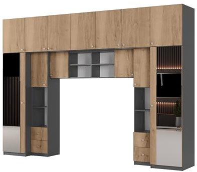 e-Meblast Wohnwand Wohnzimmer Möbel Sena - Modern Schrankwand Wohnzimmerschränke - Bett im Schrank Vertikal Schrankbett Moderne Schlafzimmermöbel (Anthrazit/Eiche Halifax Natur, Mit 2 Spiegeln)
