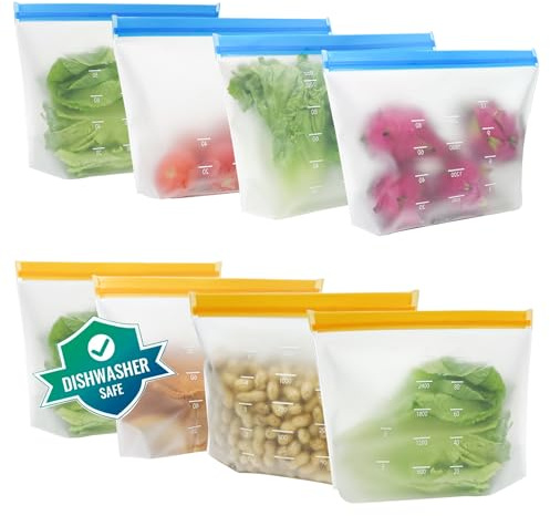 8 Pack Dishwasher Safe Reusable Freezer Bags, 3.2L Stand Up Reusable Sandwich Bags, BPA Free Leakproof Reusable Ziplock Bags, Silicone Reusable Food Bags for Candy, fruits, Cereal, Home Organization