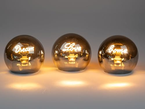 formano LED Deko Set 3er Leuchtkugeln mit Schriftzug Dream + Love + Home 12 cm Glaskugel - warmweißes Stimmungslicht, batteriebetrieben, Silber-spiegelnd bei Tag, für Tisch, Fensterbank & Regal