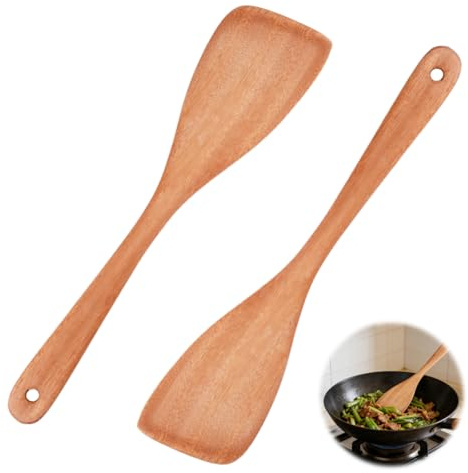 2 Pcs Spatule en Bois Cuisine, Grande Taille 33 cm Spatules Non Stick | Spatule de Cuisson à Long Manche, Ustensiles Cuisine Anti-Rayures, Résistant à la Chaleur Ustensile de Spatules pour Wok
