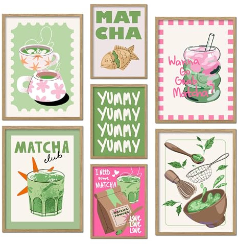 ag.art deco® Poster Set mit Holz Rahmen | 7 Stück Matcha Wall Art. Decor | Japanische Tee Wandbild Poster | Elegante Minimalistische Poster für Küche & Coffee Bar