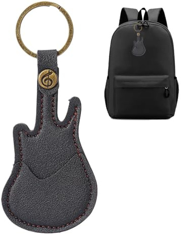 Plektrumhållare, nyckelring, gitarrplektrumväska med ring – | nyckelorganiserare i gitarrform av PU-läder, musikinstrument tillbehör för väskor, nyckelringar, plektrum
