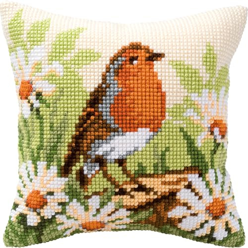 Vervaco Kreuzstich Stickpackungen Kissen Stickerei Set Anfänger Vorgedruckt Rotkehlchen DIY Set Kreativ Set Für Erwachsene Dekoratives Kissen ca. 40 x 40 cm Bastelset Handwerker Haus Dekoration