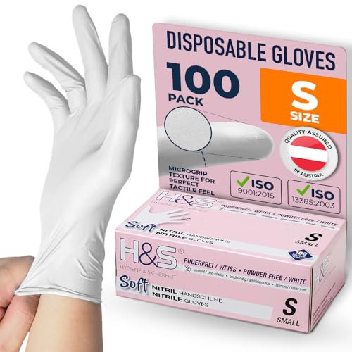 ISC Hygiene & Safety Nitrilhandschuhe S, Einweghandschuhe, Einmalhandschuhe, Kochhandschuhe Lebensmittel - 100 Stück Größe 7 Small weiß - puderfrei non latex latexfrei - Gummihandschuhe Einweg