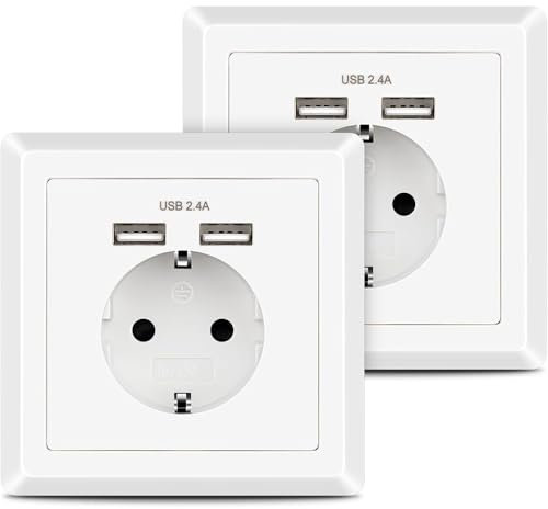 2x USB Schuko Steckdosen Weiß, Schutzkontakt Steckdose mit USB Anschluss 2.4A, Laden iPhone iPad Smartphone MP3 Digitalkamera Wandsteckdose unterputz - 2 Pack