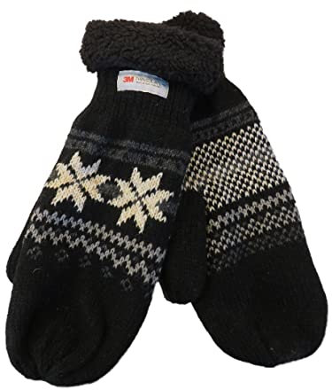 Birsppy Claus Modes Gestrickter Fäustling mit Norweger Muster Thinsulate für Herren, Farben:schwarz mit grau, Handschuhgröße:L/XL