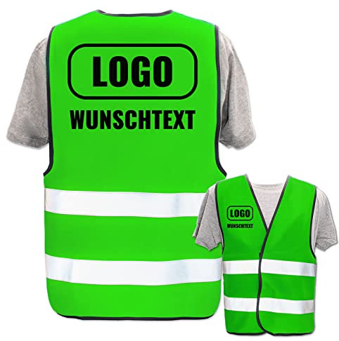 PixiPrints.com Hochwertige Warnweste mit Leuchtstreifen * Farbe: Neon Grün (XL/XXL) * Druck: Rücken + linke Brust * bedruckt mit Name Text Bild Logo Firma * personalisiertes Design selbst gestalten