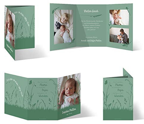 10 x Geburt Danksagungskarten Geburtskarten individuell mit Ihren Fotos und Texten als Klappkarte für Mädchen und Jungen - Wiesenkräuter