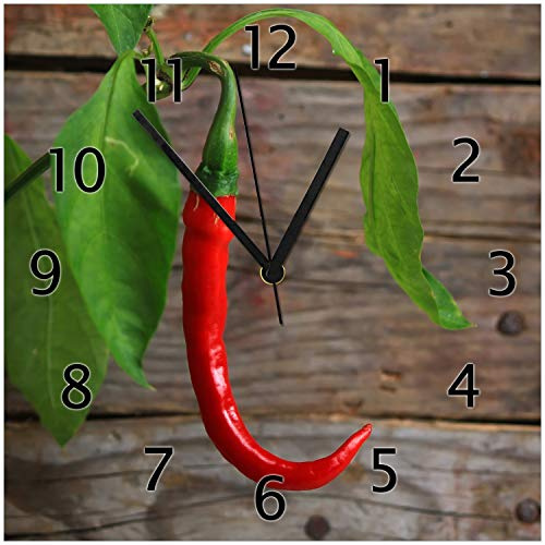 Wallario Design-Wanduhr Hängende Chili-Schote aus Glas, Motiv-Uhr Größe 30 x 30 cm, Schwarze Zeiger
