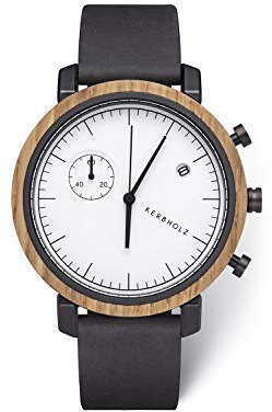 Kerbholz Holzuhr – Masterpieces Collection Franz analoge Herrenuhr, Quarz Uhr mit Datumsanzeige und Stoppuhr Funktion, Naturholz Gehäuse, echtes Lederarmband, Ø 46mm, Eiche Schwarz