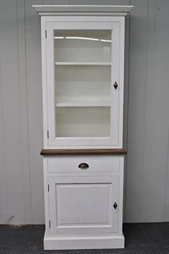 Nijwie Furniture Vitrinenschrank im Landhausstil mit gebürsteter massiv Teakholzplatte Old White - 83x215x54 cm
