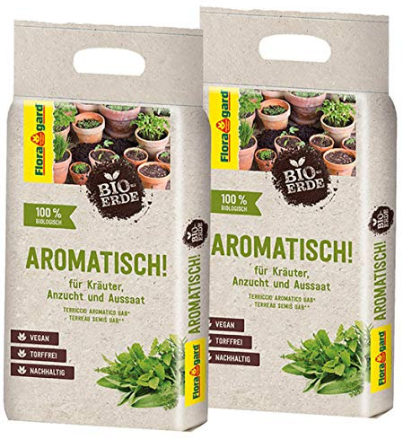 Floragard Bio-Erde Aromatisch 2x3 Liter - für Anzucht und Aussaat sowie für Kräuter - torffrei und vegan, erdfarben
