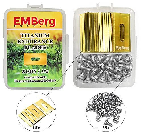 EMBerg Endurance Blades (18 Pack) for Husqvarna Automower Gardena McCulloch Robotic Lawnmower Mowing Lawn Mower Robo Robot Accessories Replacement Blade for 315 430 435 450 Others. (Titanium Coated)