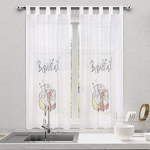 Dalina Textil - Cortina de Cocina Translúcido con Dibujos, Visillo Transparente para Cocina, Comedor, Marco de Puerta 2 Piezas Tejido Gasa Fina (Breakfast, 100x140cm)