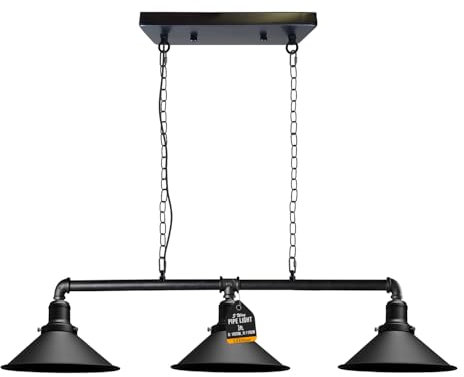 LEDSone Industrial 3 Way Pipe Pendant Lamp E27 Lamp Holder 22cm Black Cone Shade Ceiling Light Fixture with 95cm Adjustable Hanging Chandelier for Dining Room, Kitchen Island, Bar