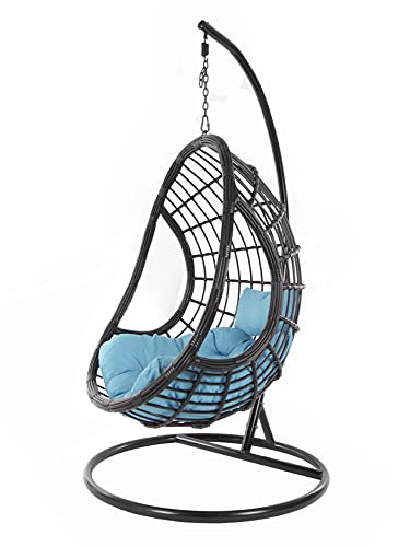 Kideo Komplettset: großer Hängesessel mit Gestell & Kissen, Korbsessel, Poly-Rattan, schwarz (Kissen: blau Chesterstepp (5050 SkyBlue), Korb & Gestell: schwarz)
