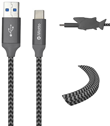 Iwotto Cable USB Tipo C 1M - Carga y Sincronización Rápida para Móvil- USB 3.0 Gris - Nylon Duradero y Protector de Cable Tiburón Incluido - Compatible con Samsung, Xiaomi, Huawei, PS4, Xbox