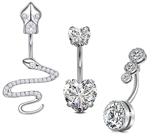 AceFun Silberne Bauchnabelpiercing Ring Dangle Snake 14G 1,6 mm Chirurgenstahl Bauchstangen Doppeltes Glänzendes Herz Zirkonia Antiallergisch Hantelring Bauchnabelringe Baumeln für Frauen 3 Stile