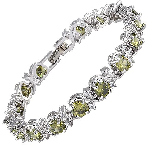 Rizilia Blumen-Tennisarmband Damen | 18K Weißgold Plattiert mit Runden Zirkonia-Steinen (Simulierter Peridot) | 18 cm | Elegantes Schmuckgeschenk für Sie