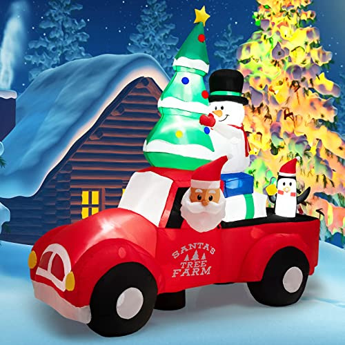 COSTWAY Aufblasbarer Weihnachtsmann fährt EIN Auto, LED Weihnachtsdekoration mit Schneemann, Weihnachtsbaum, Geschenk, Pinguin, Winterdekoration Polyester, für Hof Rasen Garten, Selbstaufblasend
