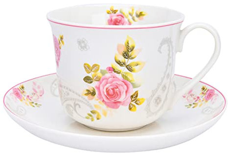 STP GOODS Bone China Kitchen - Tazas de té de 400 ml, diseño floral, taza de té de rosas inglesas con platillo, bonita taza de té con platillo a juego