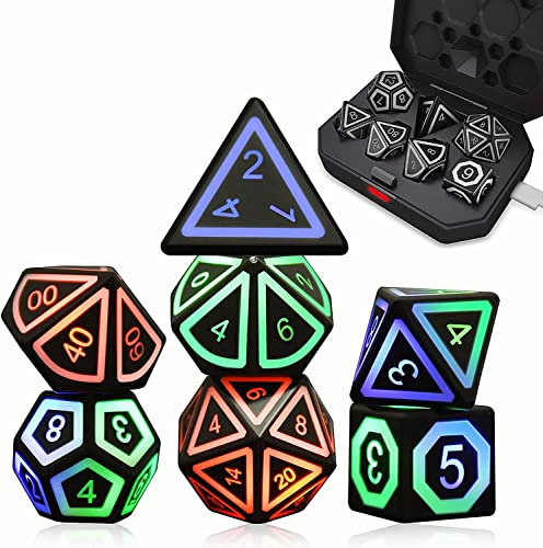 7 PCS DND Würfel Wiederaufladbar mit Ladebox, 7 PCS Leuchtend DND Dice Set, RPG D&D Spiel Würfel für Rollenspiele Würfel Polyedrische Würfel Sets D&D LED Würfel für Rollenspiele Tabletop Spiele