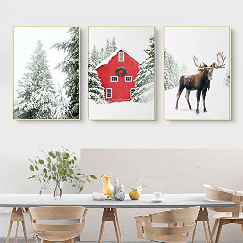 Martin Kench 3er Weihnachts-Poster Set, Winter-Schneelandschaft Bilder, Elch, Holzhaus, Wald Wandkunst Wandbilder Modern Wanddeko für Wohnkultur, ohne Rahmen (A,30x40cm)