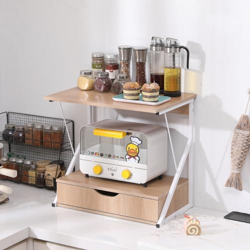 Rainbow Tree 2-Tier Microwave Oven Rack with Drawer for Kitchen, Heavy Duty Microwave Toaster Stand Kitchen Counter Top Organizer, Wooden Baker’s Rack with Metal Frame Walnut