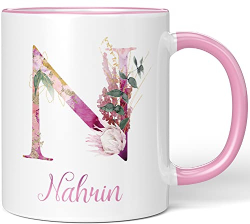 JUNIWORDS Tasse, Nahrin, Name Anfangsbuchstabe Initial Alphabet Floral Buchstabe N Monogramm Motiv, Rosa (5530272)