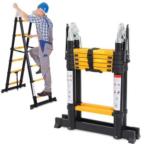 Herrselsam 3.8m(1.9m+1.9m) Teleskopleiter Klappleiter Aluminium, Mehrzweckleiter mit Tragegriff, Rutschfester Tragbar Alu Leiter Maximale Tragfähigkeit 150kg, Schwarz Gelb