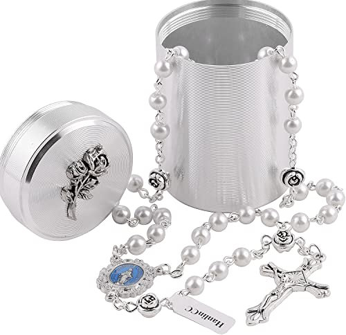 HanlinCC 6mm Glass Pearl Beads with Rose Flower Our Father Beads Miraculous Catholic Rosary Necklace with Rose Metal Catholic Gift Box for Men and Women, Zinc, alloy